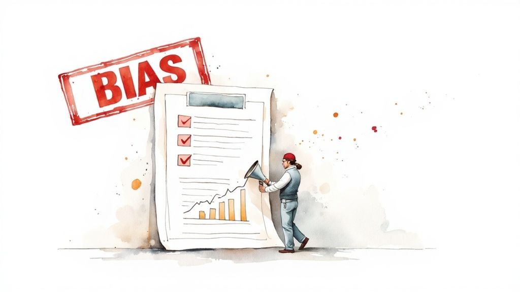 Man with megaphone next to document with 'BIAS' stamp, checklist, and rising graph.