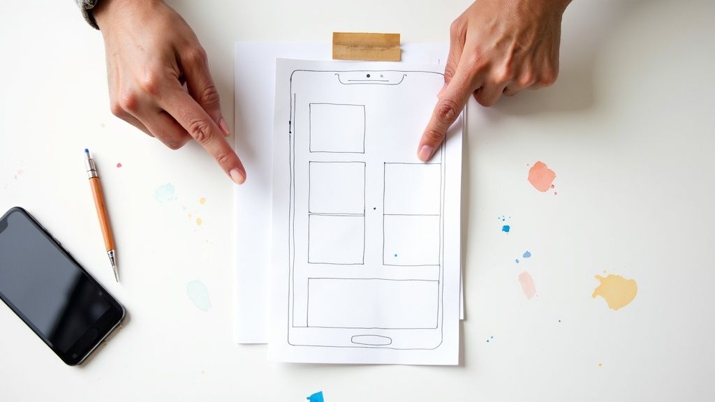 Hands point at a mobile app wireframe sketch on paper, showcasing the UI design process.
