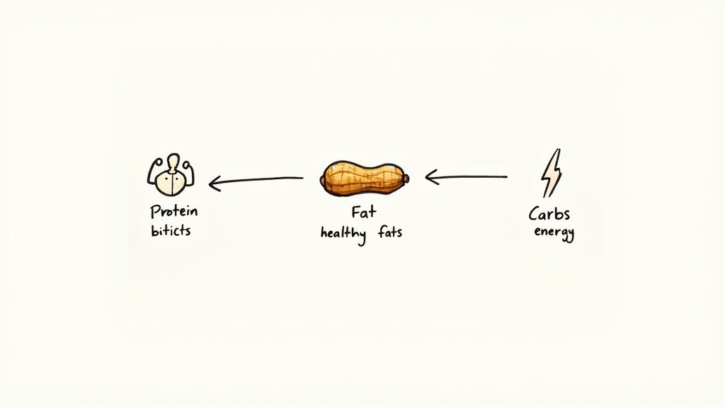 Diagram showing a peanut linked to protein, healthy fats, and energy from carbs.