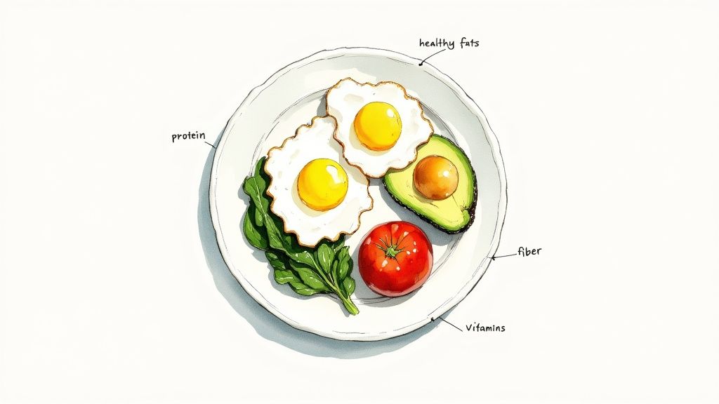 A balanced breakfast plate with sunny-side-up eggs, avocado, greens, and tomato, highlighting protein, healthy fats, fiber, and vitamins.
