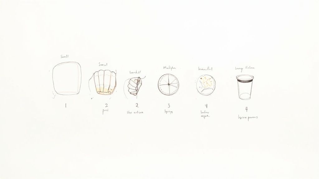 Hand-drawn sketches illustrating various measurements, including hand gestures, a segmented circle, and a glass.
