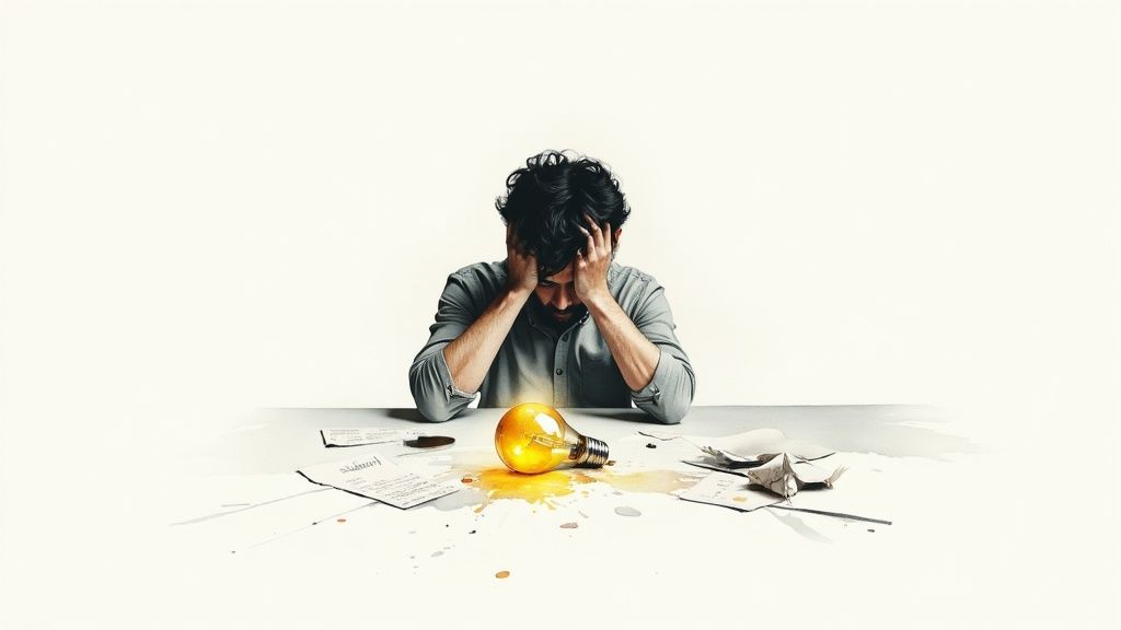 A frustrated person looking at a laptop in a dark room.