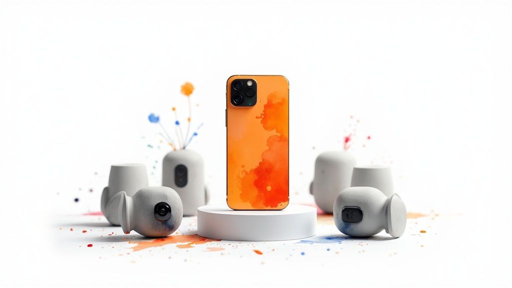 An orange smartphone with watercolor design on a white pedestal, surrounded by grey ceramic objects and colorful paint splatters.