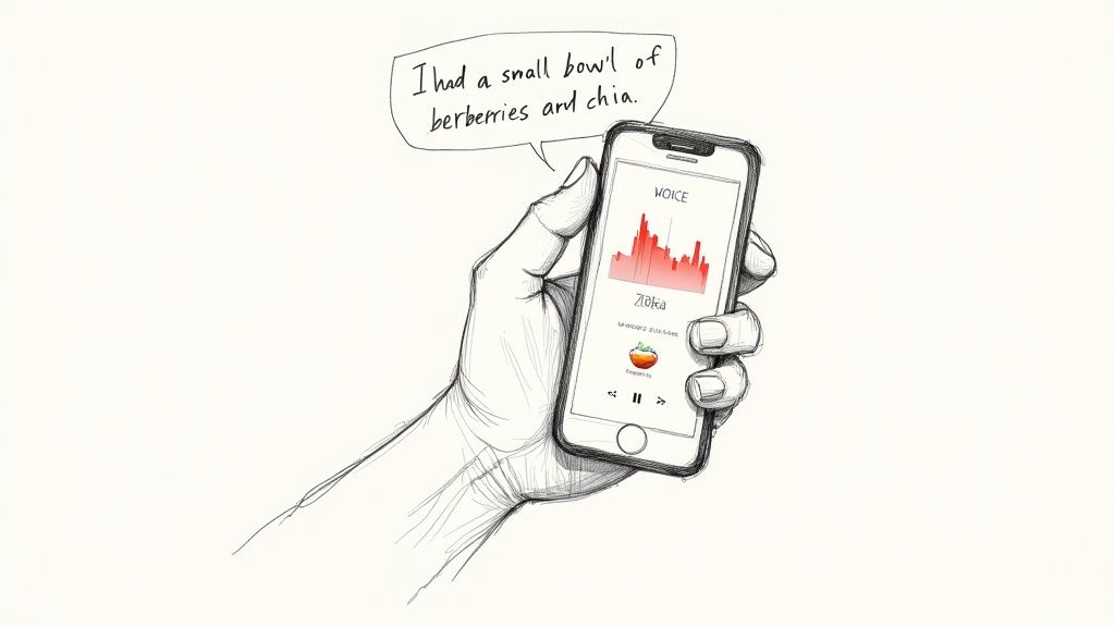 A person speaking into their smartphone to log a fruit bowl with the munchlog.ai app interface visible.