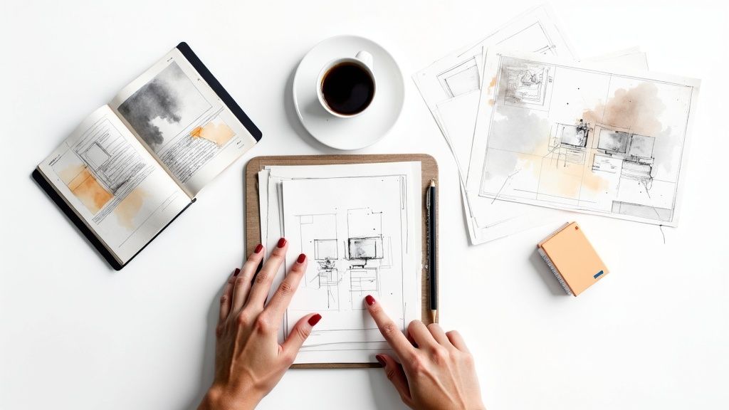 Top-down view of a designer's workspace with hands pointing at architectural drawings, a notebook, and coffee.
