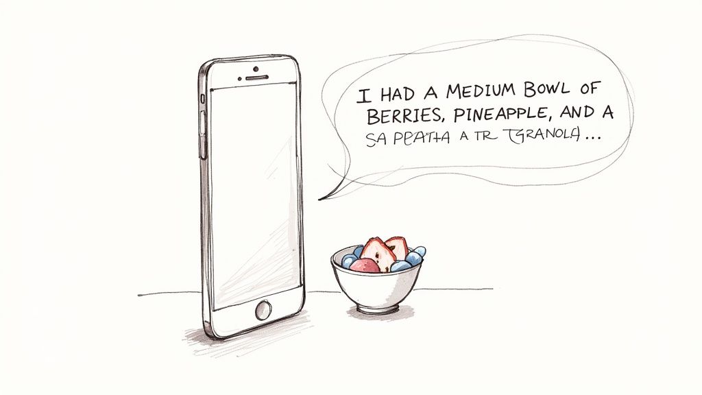 A person speaking into their phone to log their food, with an illustration of a fruit bowl nearby.