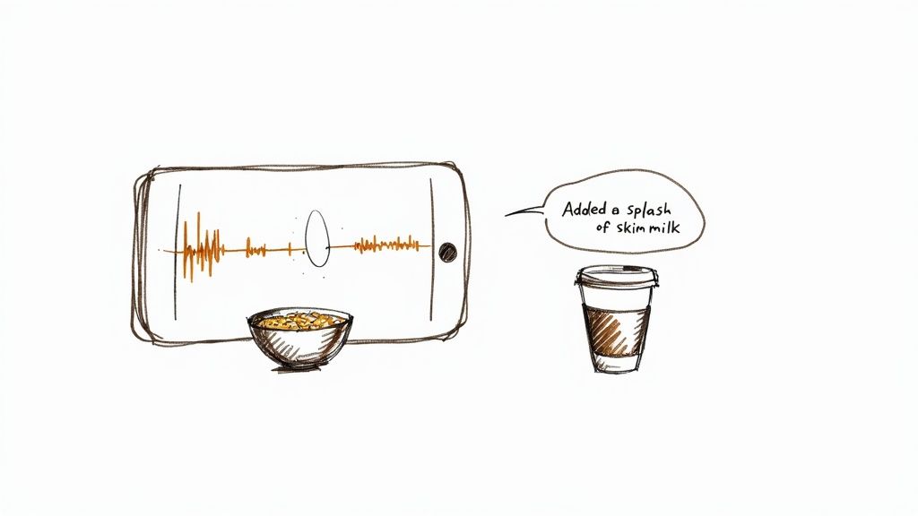 A person speaking into their phone to log their food intake, with an overlay of nutritional data.