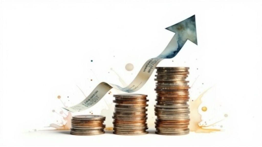 Three stacks of coins with an upward arrow, symbolizing financial growth and increasing wealth.