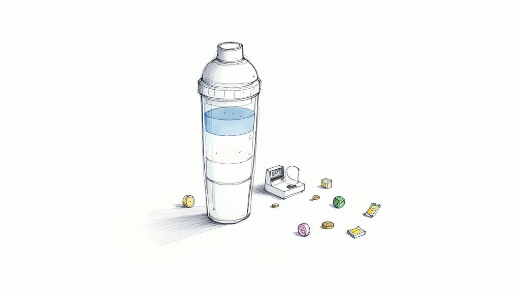 Clear protein shaker bottle with blue liquid and supplement pills scattered beside it