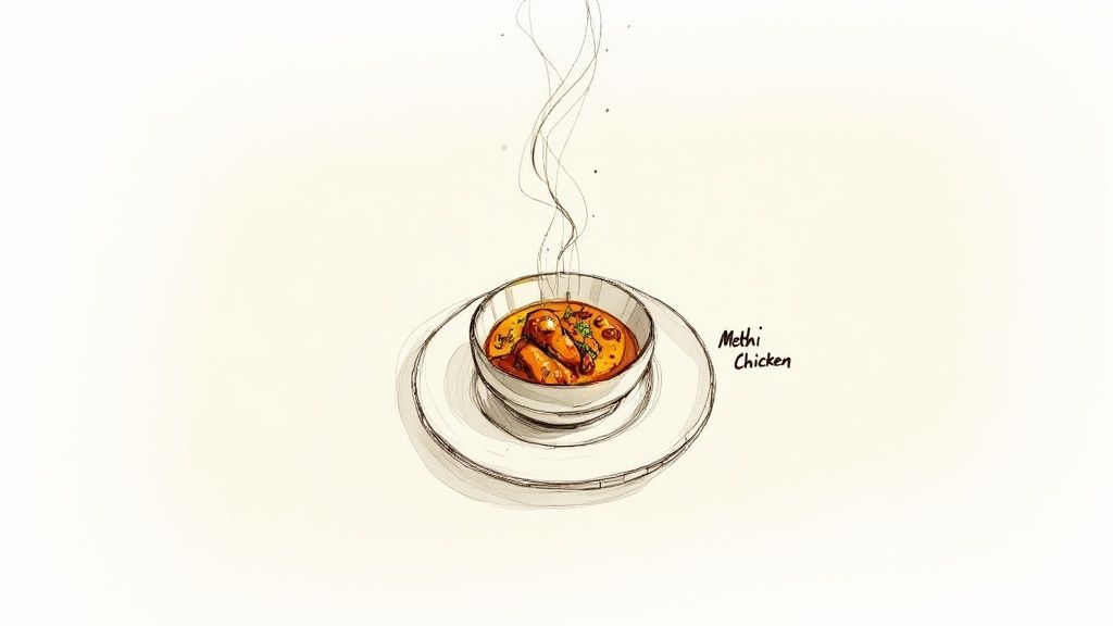 A hand-drawn illustration of a steaming bowl of Methi Chicken curry on a white plate.