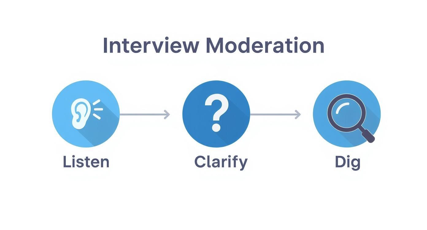 Three step interview moderation process showing listen, clarify, and dig phases with icon illustrations
