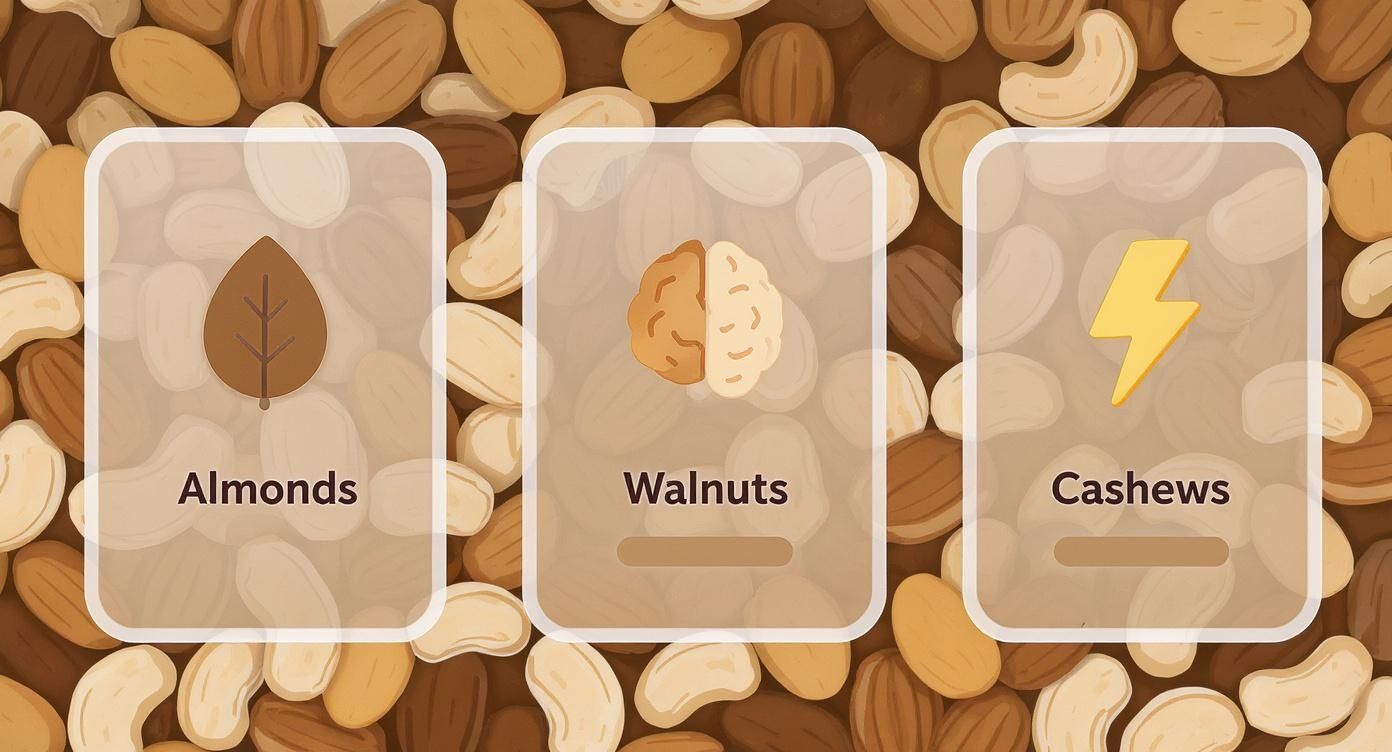 Three cards featuring almonds, walnuts, and cashews with symbolic icons against a background of various nuts.