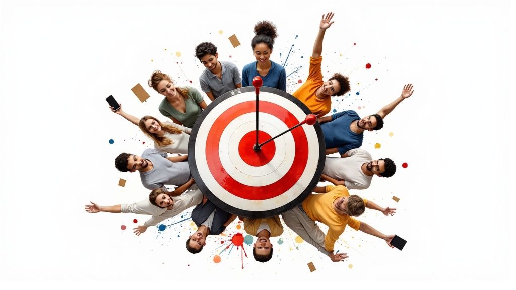 A person pointing at a map with various diverse faces pinned to it