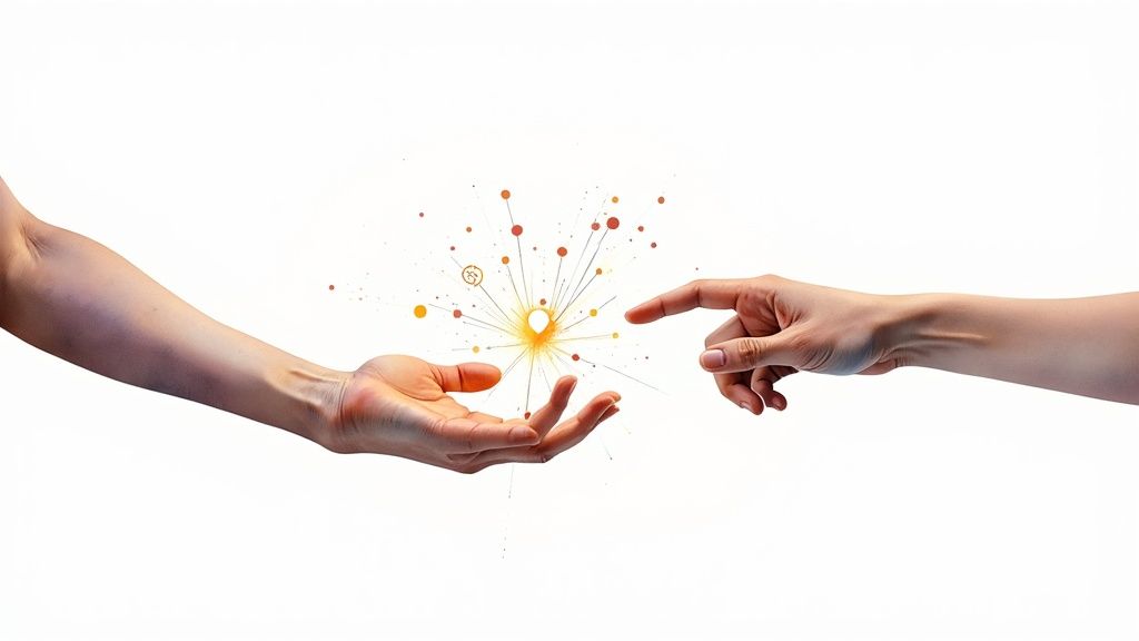 Two hands interact with a glowing, abstract network of interconnected dots and lines, symbolizing innovation.