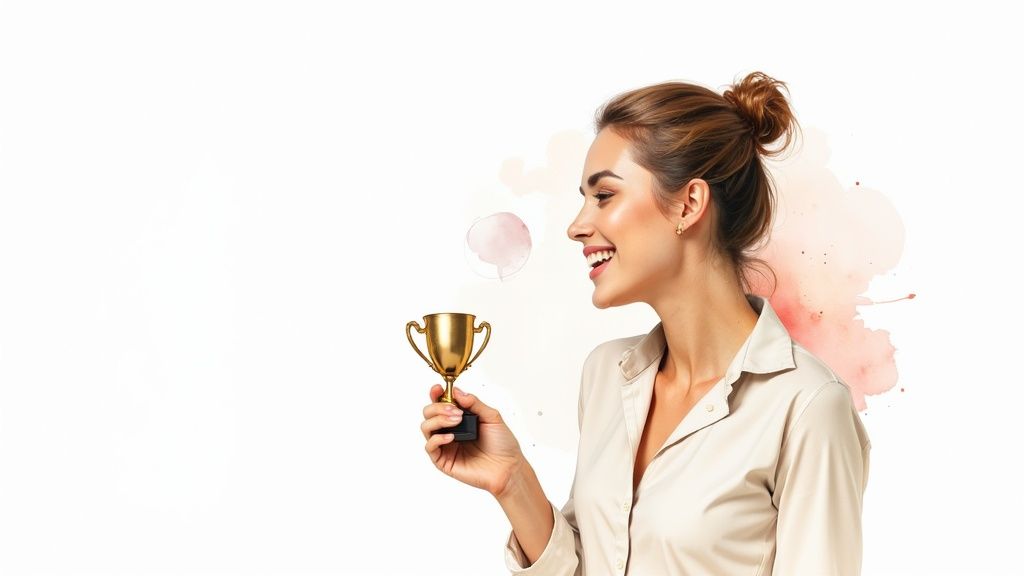 Professional businesswoman smiling while holding golden trophy celebrating achievement and success