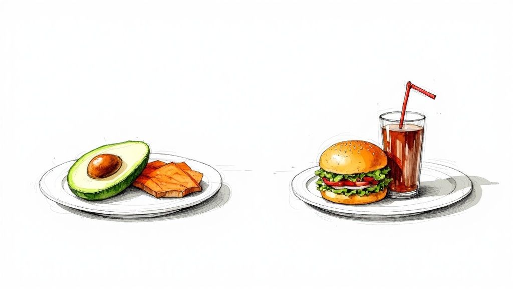 A vibrant spread of fresh, whole foods like avocados, berries, nuts, and leafy greens.