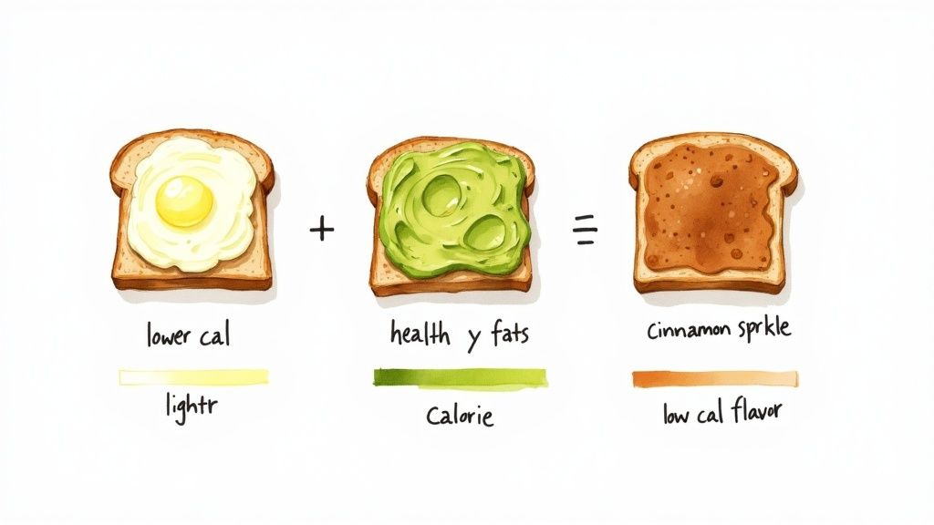 A slice of toast topped with sliced avocado and seasonings.