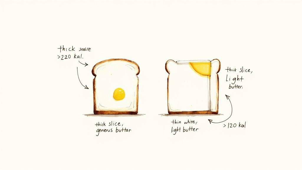 Watercolor illustration comparing two slices of toast with different butter amounts and associated calorie counts.