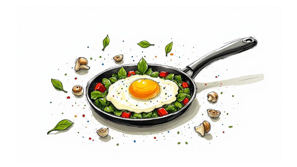 A close-up of vibrant scrambled egg whites mixed with colorful vegetables like red bell peppers and green spinach.