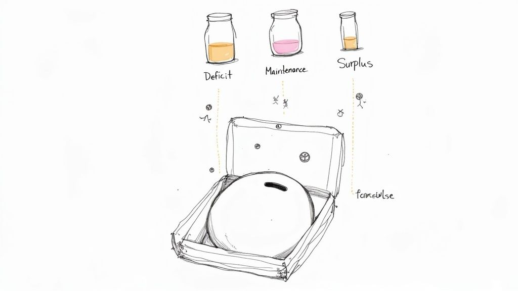 A hand-drawn diagram illustrating 'Deficit,' 'Maintenance,' and 'Surplus' jars connected to a storage box.