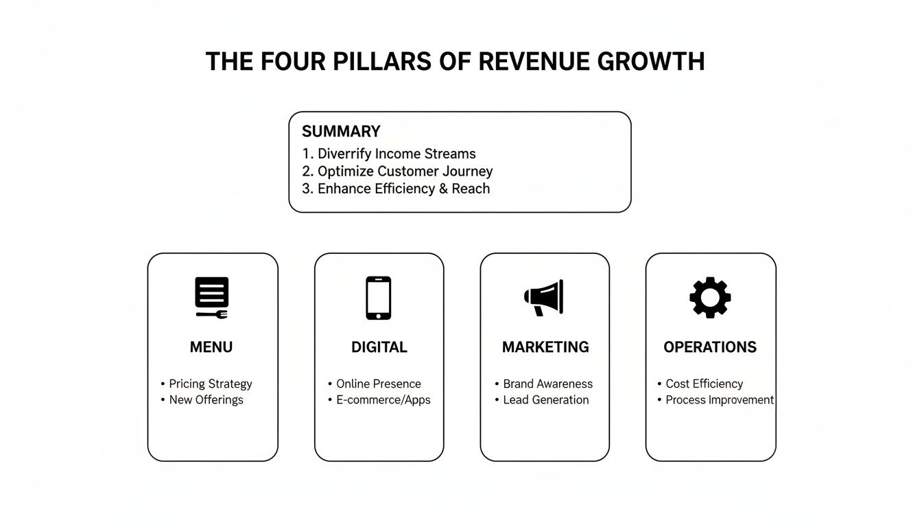 A diagram illustrating the four pillars of revenue growth: Menu, Digital, Marketing, and Operations strategies.
