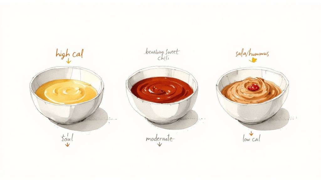 Three illustrated bowls of dips: yellow 'high cal', red 'sweet chili' moderate, and brown 'salsa/hummus' low cal.