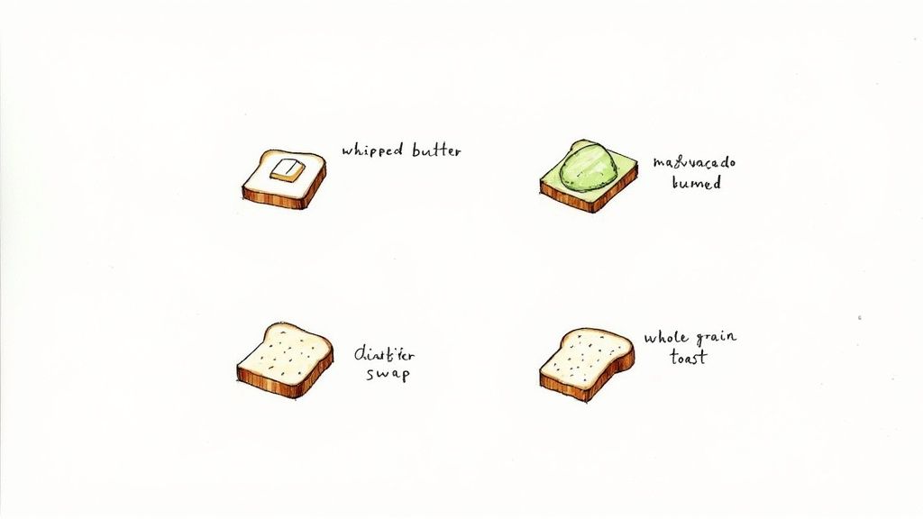 A watercolor illustration shows four pieces of toast: whipped butter, mashed avocado, plain, and whole grain.