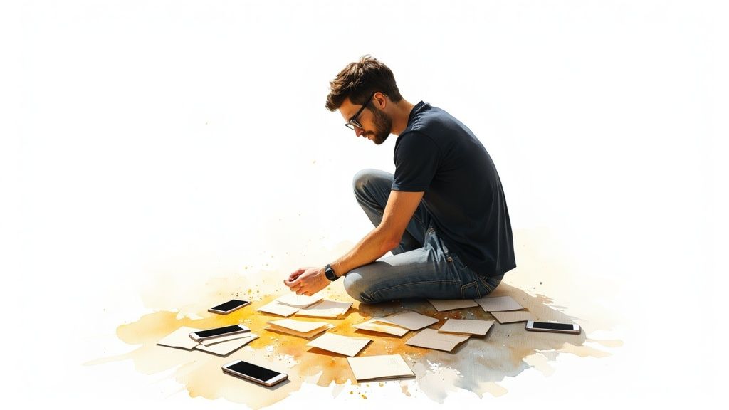 A person working on a laptop, surrounded by scattered notes and data visualizations, representing the process of qualitative data analysis.