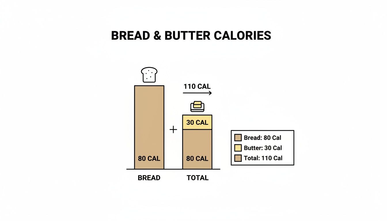 A bar chart demonstrates bread and butter calories: 80 Cal for bread, 30 Cal for butter, totaling 110 Cal.