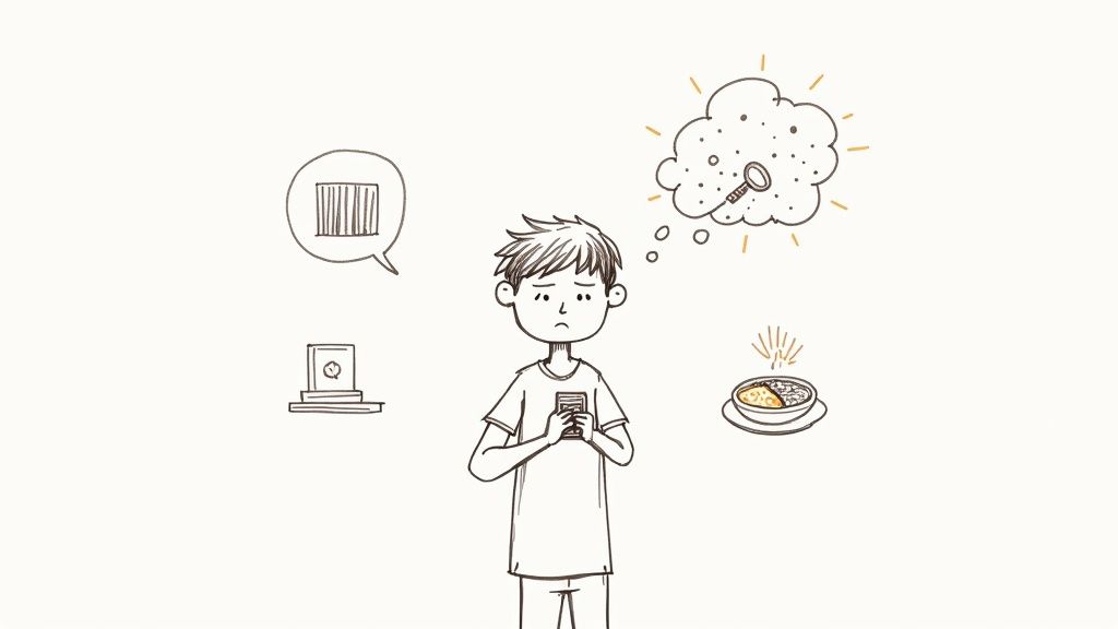 A cartoon man holds his phone, thinking about food tracking, barcodes, and meal choices.