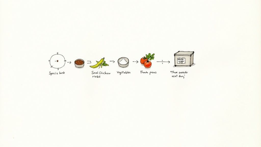 Hand-drawn diagram illustrates recipe steps from ingredients like spices, herbs, and vegetables to a final product.