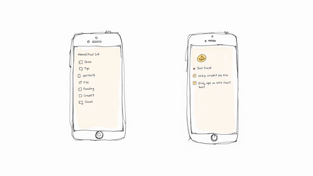 Two hand-drawn smartphone screens showing different to-do lists with various checked and unchecked items.