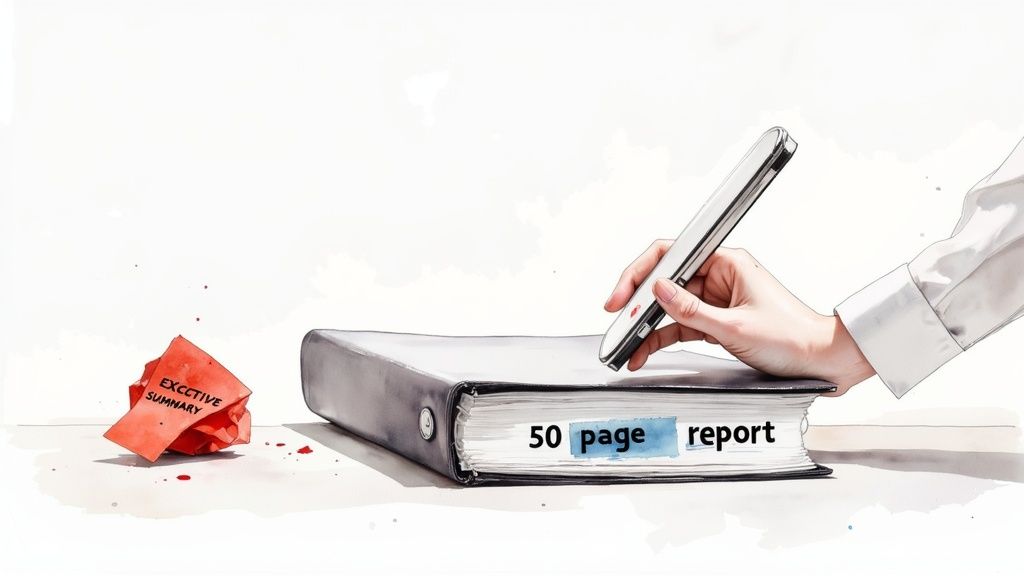 A hand scans a 50-page report with a device, while a crumpled 'Executive Summary' lies nearby, suggesting summarization challenges.