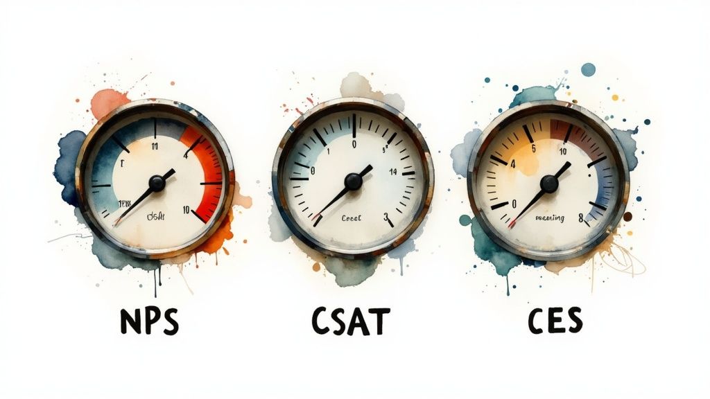 A person interacting with three different icons representing NPS, CSAT, and CES
