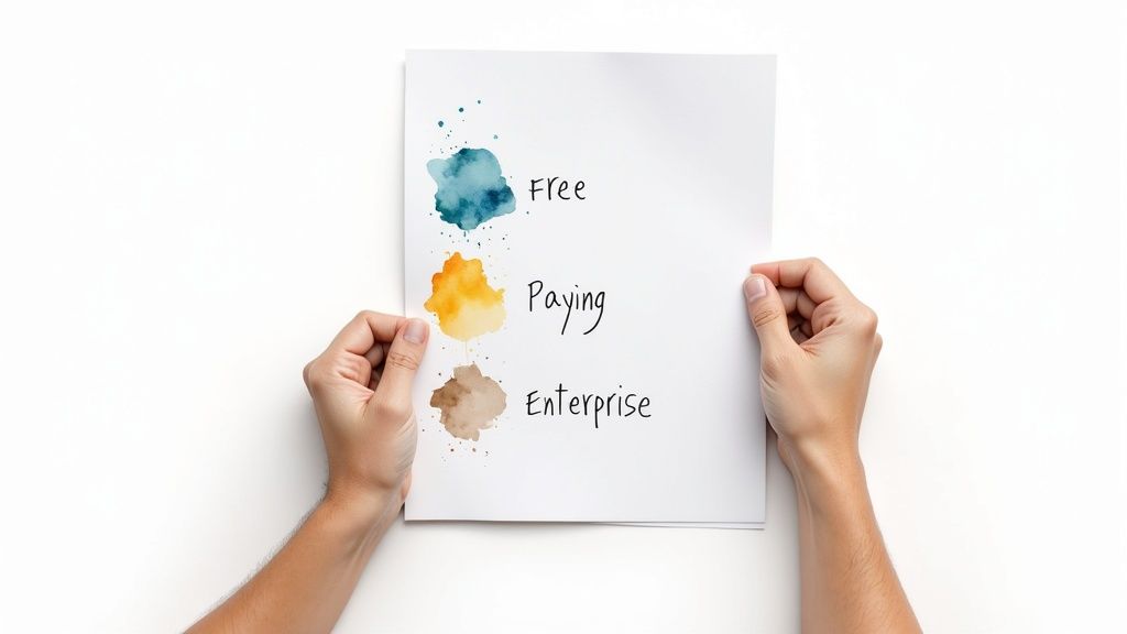 Two hands hold a paper with watercolor blobs and text 'Free', 'Paying', 'Enterprise' representing service tiers.