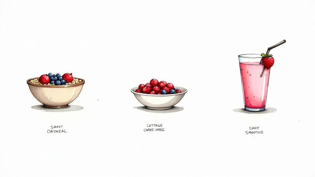 Watercolor illustration of three healthy breakfast options featuring berries: oatmeal, cottage cheese, and smoothie