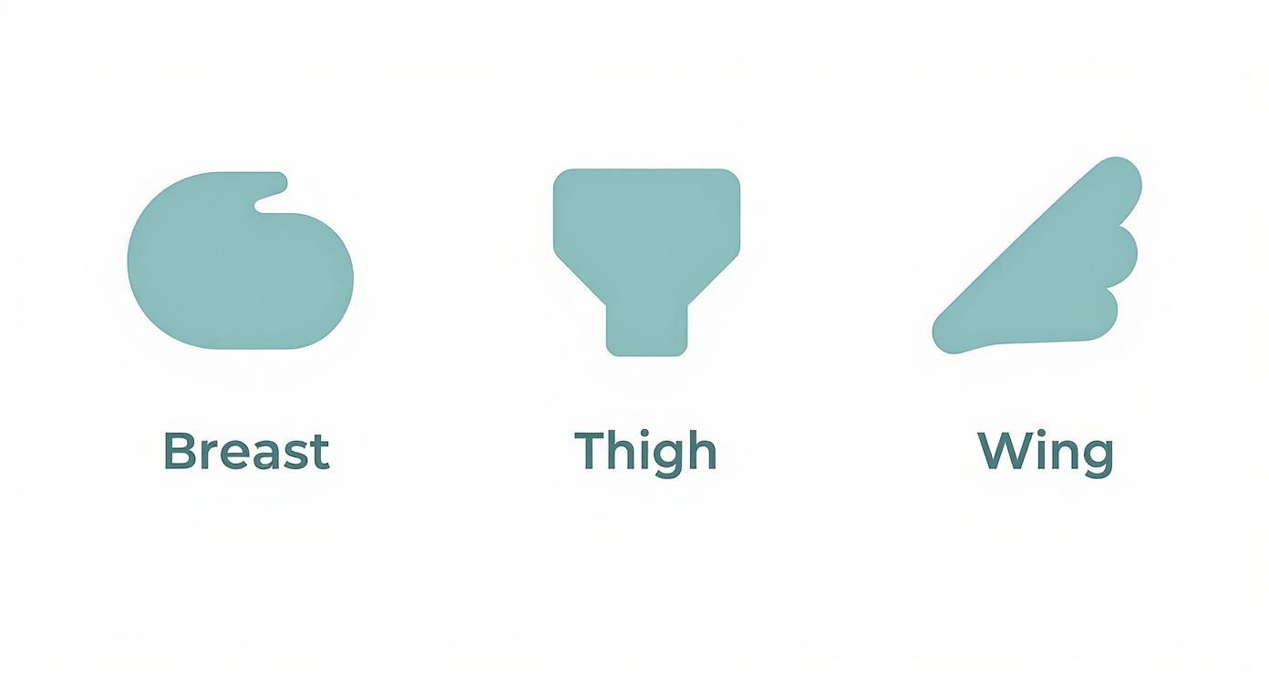 Three teal icons representing chicken breast, thigh, and wing cuts on a white background.