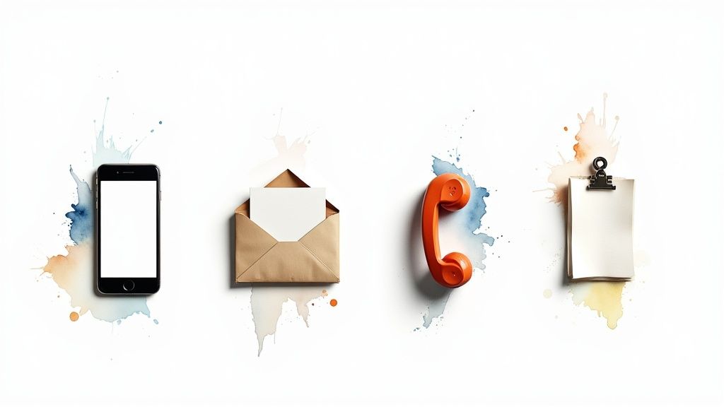 Four communication methods displayed: smartphone, envelope, telephone handset, and clipboard with watercolor splashes