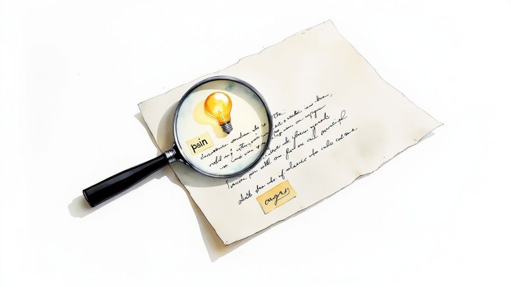 A magnifying glass reveals a glowing lightbulb and the word 'pain' on a paper with handwritten text.