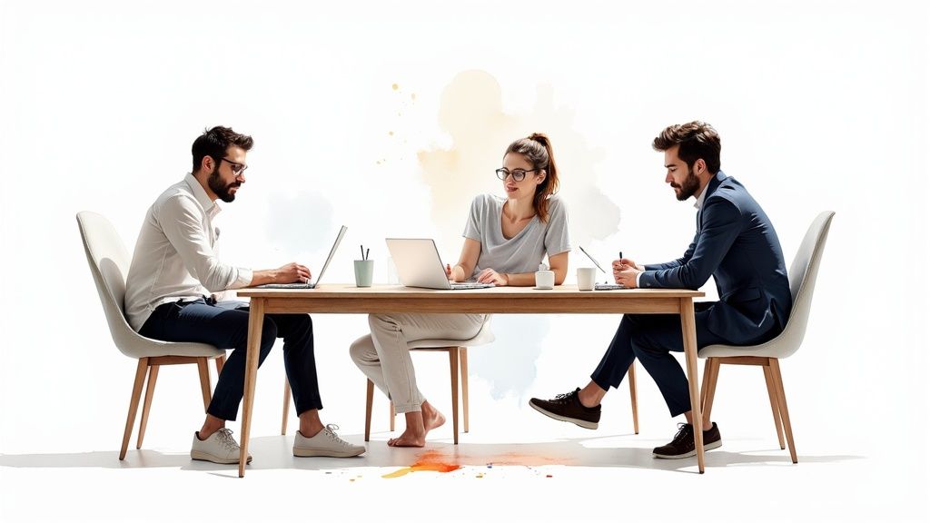 Three diverse professionals, two men and one woman, working on laptops at a shared table.