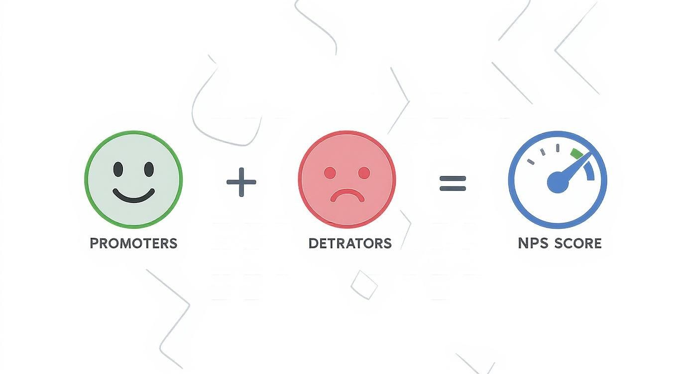 An illustration showing the NPS formula with happy promoters, sad detractors, and the resulting NPS score.