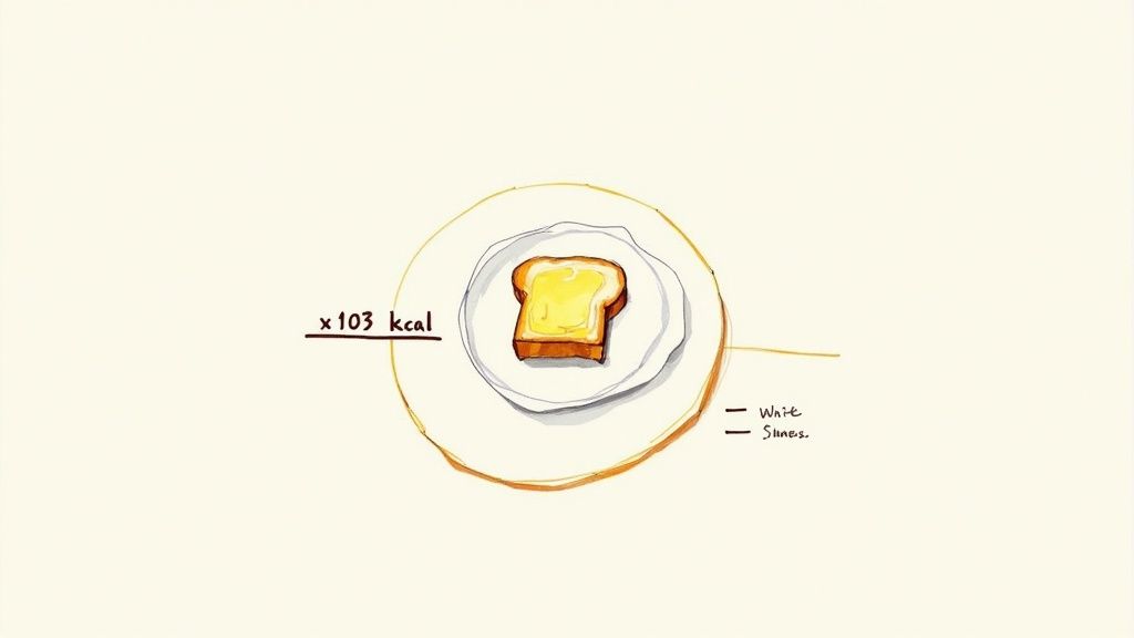 A watercolor illustration of a slice of buttered white toast on a plate, indicating 103 kcal per slice.