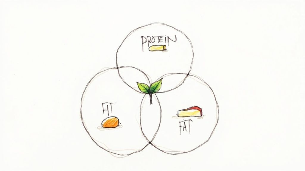 A vibrant vegan meal in a bowl with greens, grains, and vegetables, illustrating balanced macros.