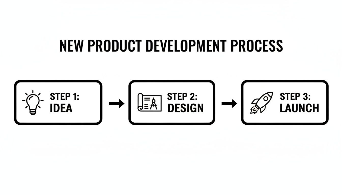 A diagram illustrating the new product development process with three sequential steps: Idea, Design, and Launch.