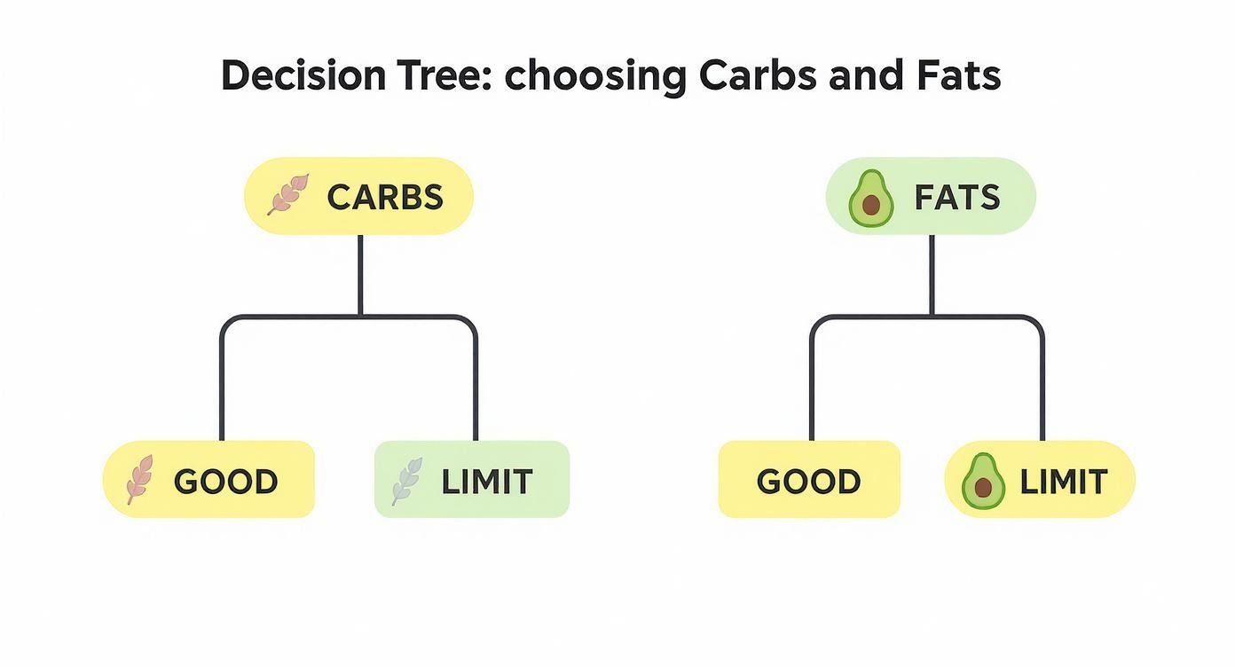 A decision tree diagram illustrating choices for carbs and fats, categorizing them as good or limit for dietary planning.