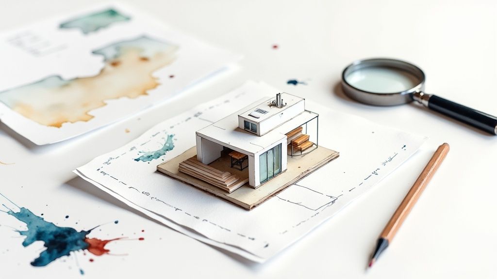 Architectural model of a modern house on design plans with a magnifying glass and watercolors.