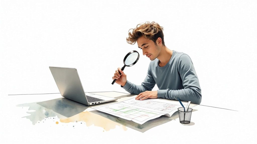 A person pointing at a screen showing segmented bar charts and graphs, indicating analysis of survey data.