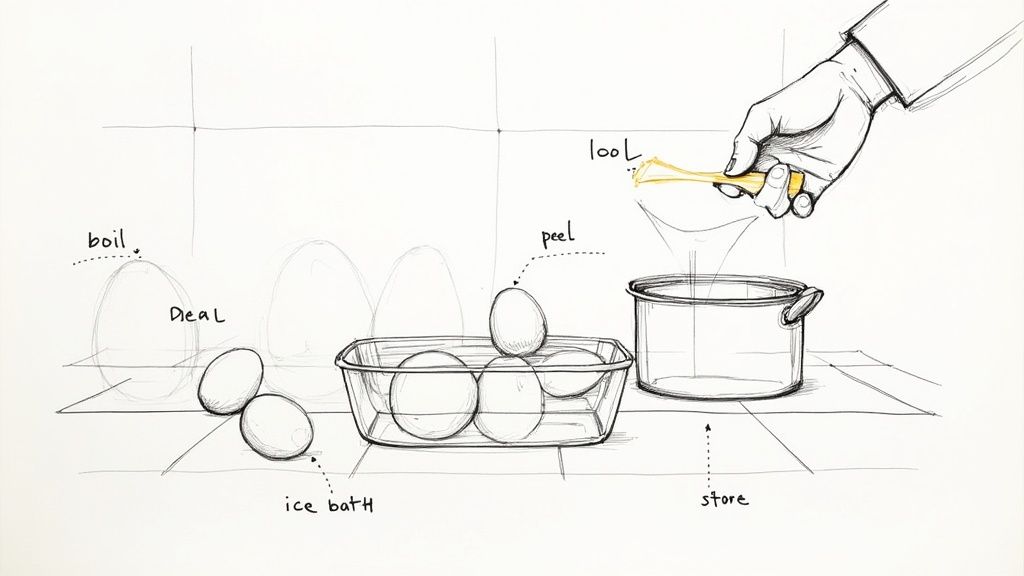 A hand-drawn illustration depicting the steps for preparing hard-boiled eggs, including boiling, ice bath, peeling, and storage.