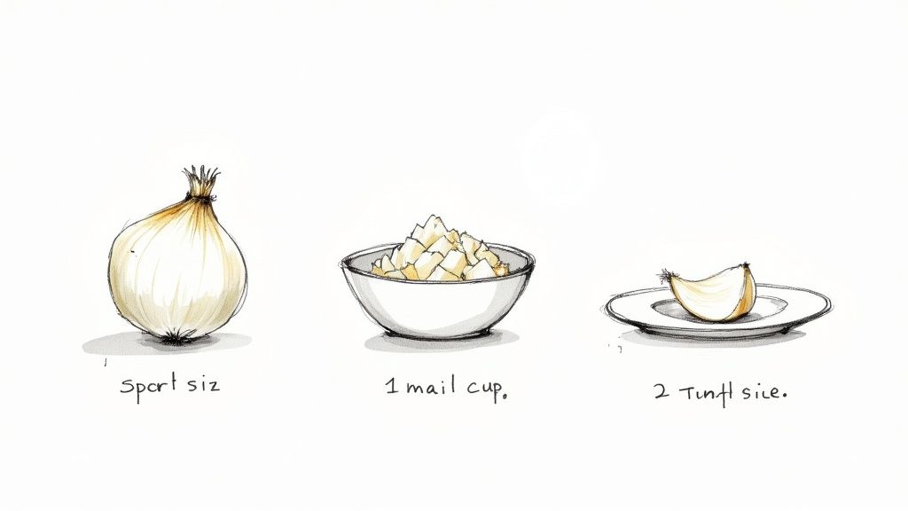 A close-up of a sliced white onion with its rings visible on a dark surface.