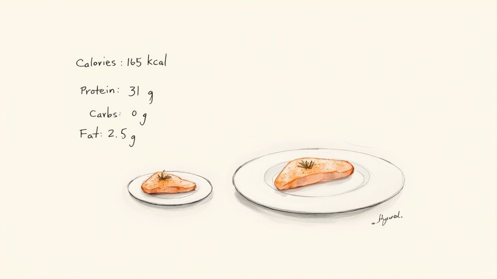 Hand-drawn image showing nutrition facts for chicken breast and two different portion sizes on plates.